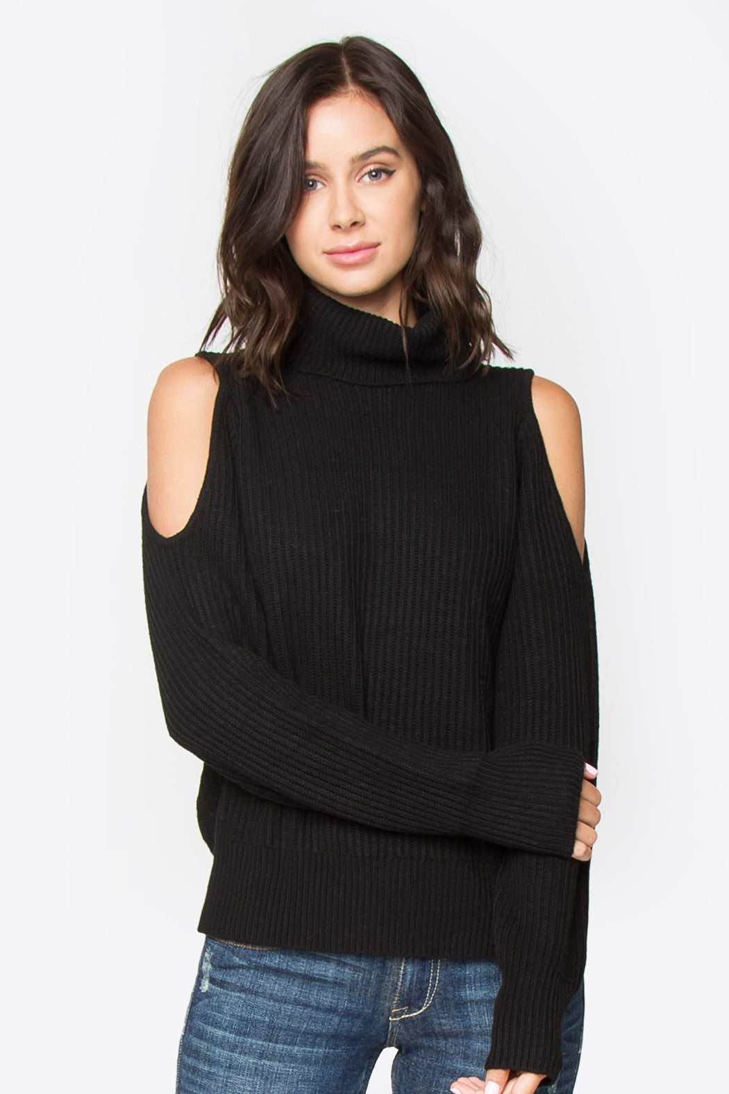 Cold shoulder turtleneck sweater best sale